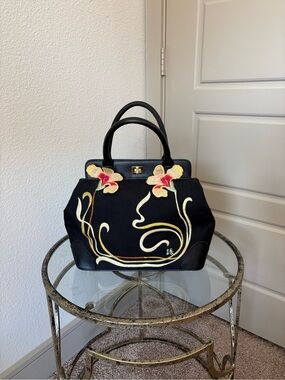 Lulu Guinness Black Floral Appliqué Top-Handle Satchel w/ Great Amount of Room